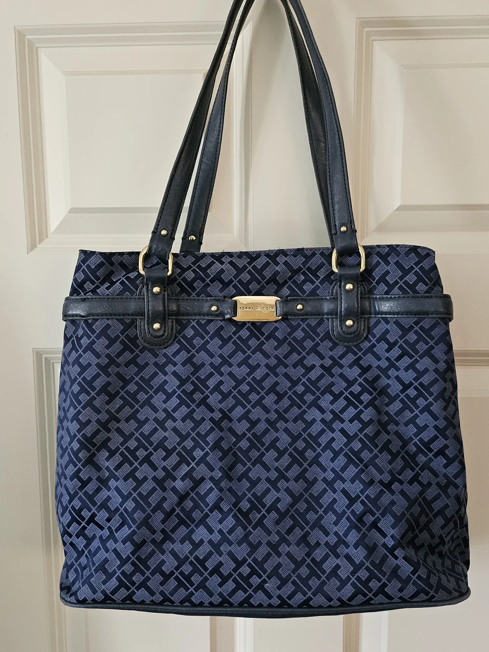 Tommy Hilfiger Navy Jacquard Shoulder Tote with Gold Hardware